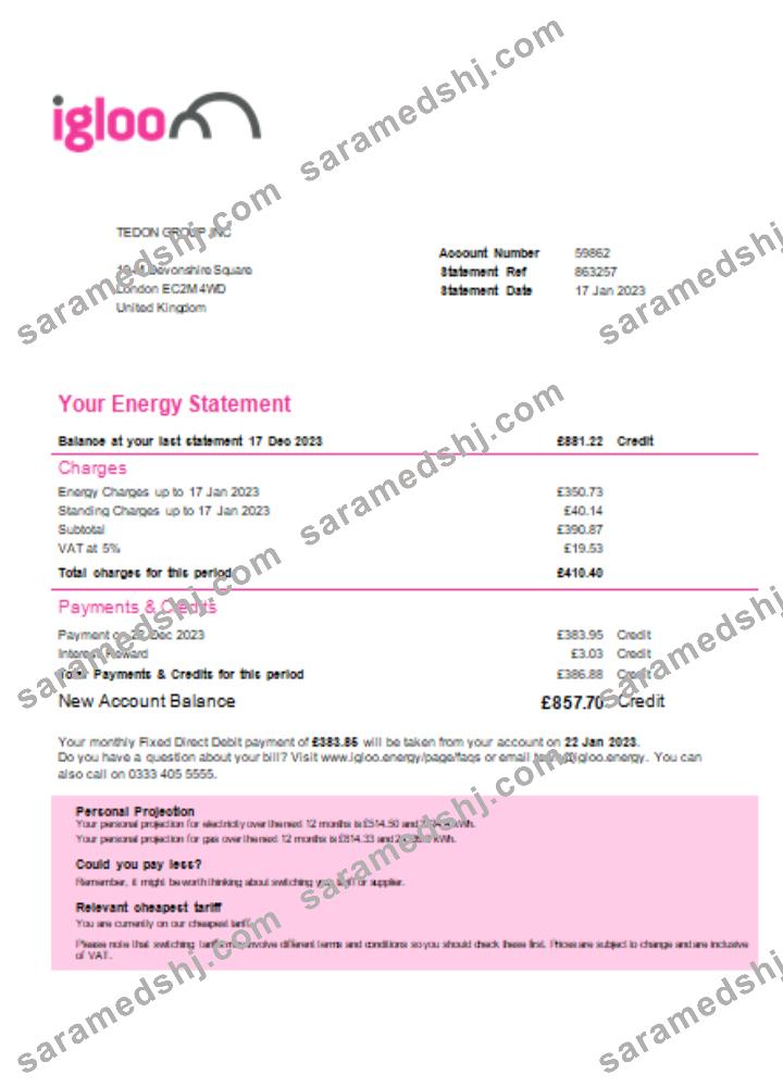 Igloo Energy utility business bill, SCR